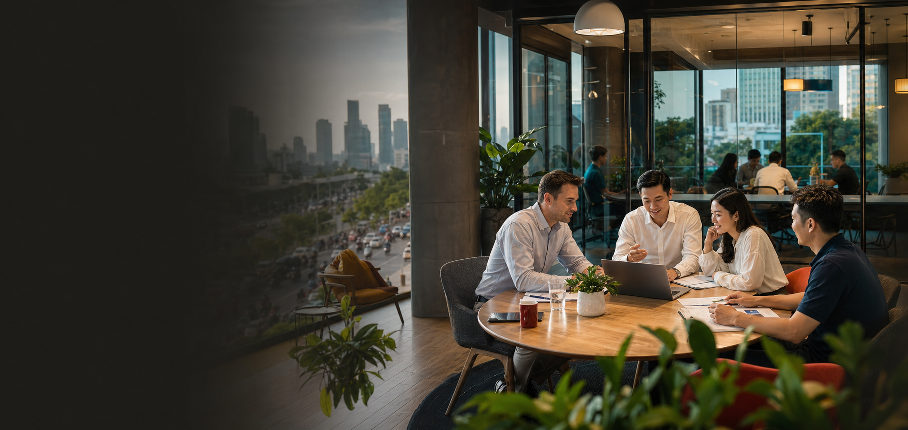 Business owners discussing Vietnam expansion in a modern workspace